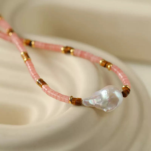 Large Baroque Pearl Pink Gemstone Necklace